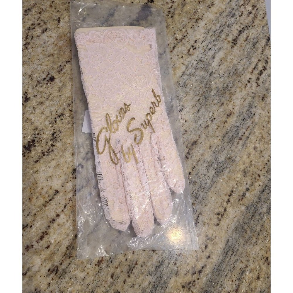 NEW! Vintage Size L Stretch Nylon Pink Lace Floral Formal Gloves 8" Long